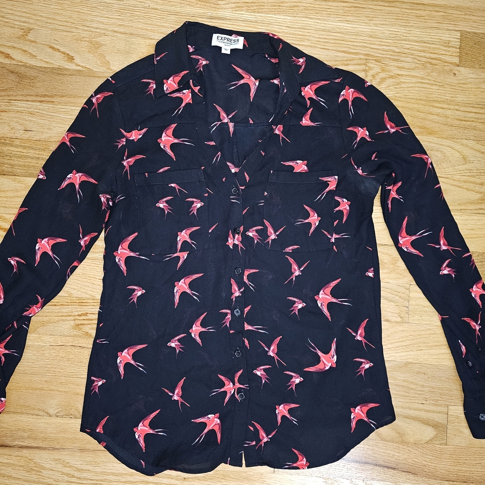 Express Black Shirt with Red Bird Print Women Blouses - Picture 3 of 5